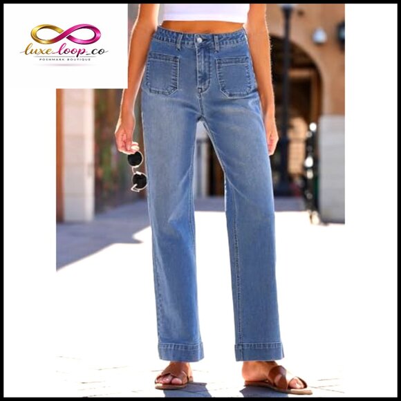 Wide Leg Jeans High Waisted Stretchy Straight Fit Loose Trendy Denim Pants - Picture 5 of 7